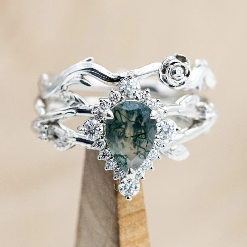 Men's Aquamarine Engagement Rings in 9K Gold with a Bezel - Set Stone"ARTEMIS ON THE VINE DIVINE" - PEAR CUT MOSS AGATE ENGAGEMENT RING WITH DIAMOND ACCENTS & A "BRIAR" TRACER