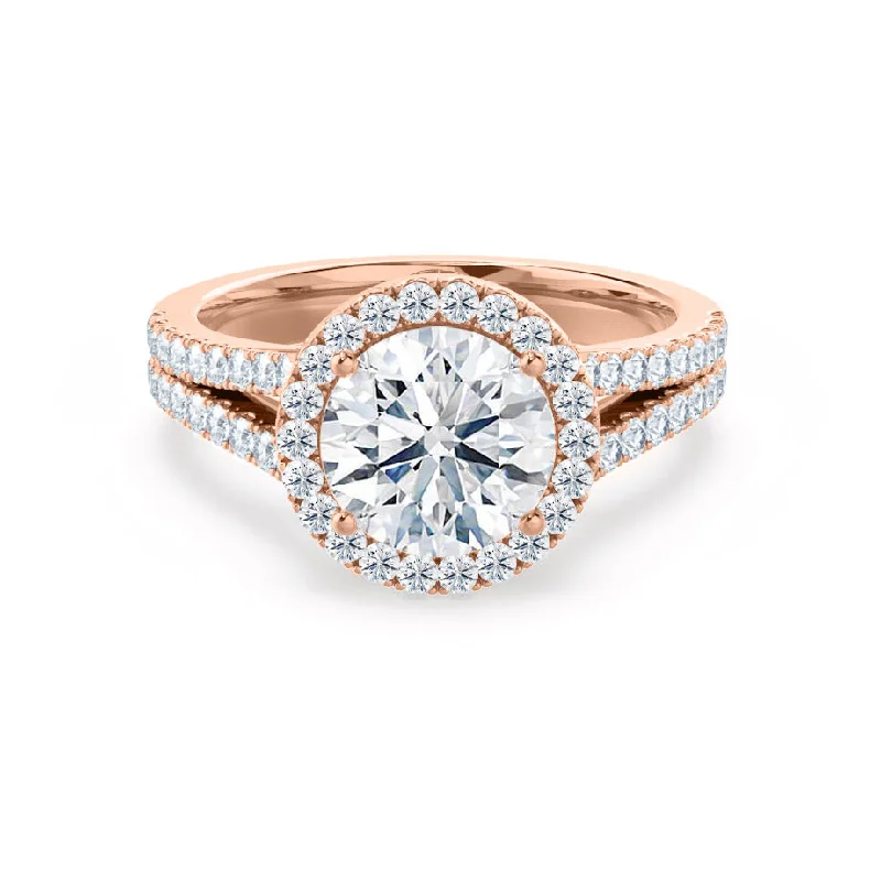 Marquise - cut diamond engagement ring with a split - shank band in platinumAMELIA - Round Lab Diamond 18k Rose Gold Halo Ring