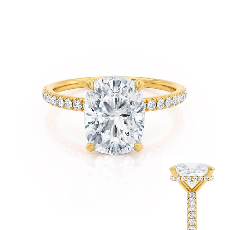 Radiant - cut diamond engagement ring with a bezel - set center stone in 18K yellow goldLIVELY - Elongated Cushion Moissanite & Diamond 18k Yellow Gold Petite Hidden Halo Pavé Shoulder Set Ring