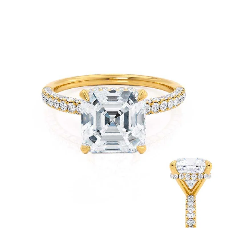 Three - stone diamond engagement ring in rose gold, symbolizing past, present, and futureCOCO - Asscher Moissanite & Diamond 18k Yellow Gold Hidden Halo Triple Pavé Shoulder Set