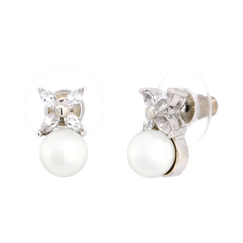 Two - Tone Gold and Silver Plated Clover Stud Earrings for a Lucky and Stylish SymbolBME5172 - Classic Over Marquis Cut Flower  - White Pearl - Stud Earrings