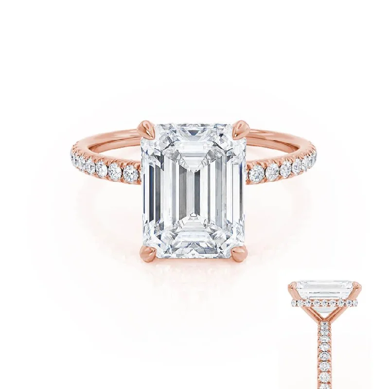 Pink diamond engagement ring in a rose - gold band with white - gold accentsLIVELY - Emerald Moissanite & Diamond 18k Rose Gold Petite Hidden Halo Pavé Shoulder Set Ring