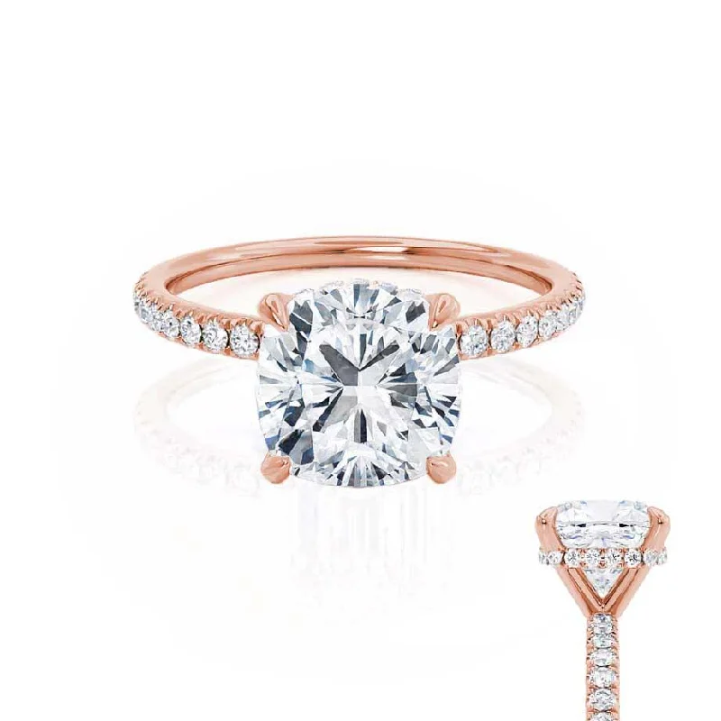 Radiant - cut diamond engagement ring with a bezel - set center stone in 18K yellow goldLIVELY - Cushion Lab Diamond 18k Rose Gold Petite Hidden Halo Pavé Shoulder Set