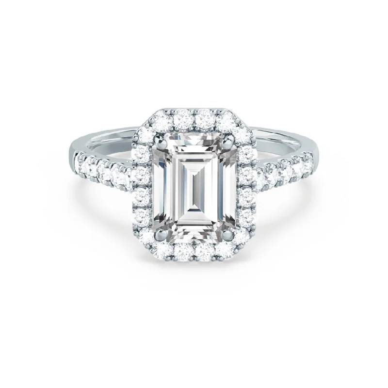 Cushion - cut diamond engagement ring with a halo of moissanite in a silver - plated bandESME - Emerald Lab Diamond & Diamond Platinum Halo