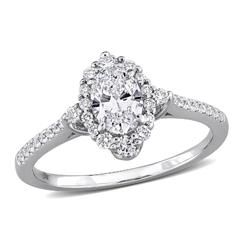 Cathedral - Style Women's Diamond Rings with a Raised Center Setting and Elaborate MetalworkCreated Forever 3/4ct TW Oval Round-Cut Lab-Grown Diamond Halo Engagement Ring in 14k White Gold