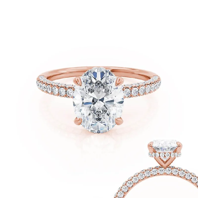 Cushion - cut diamond engagement ring with a halo of moissanite in a silver - plated bandCOCO - Oval Lab Diamond 18k Rose Gold Petite Hidden Halo Triple Pavé Shoulder Set