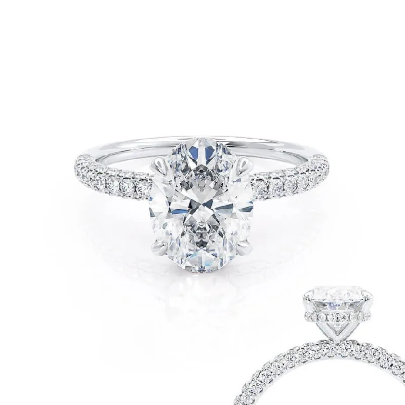 Asscher - cut diamond engagement ring with a pavé - set eternity band in platinumCOCO - Oval Lab Diamond Platinum Petite Hidden Halo Triple Pavé Shoulder Set