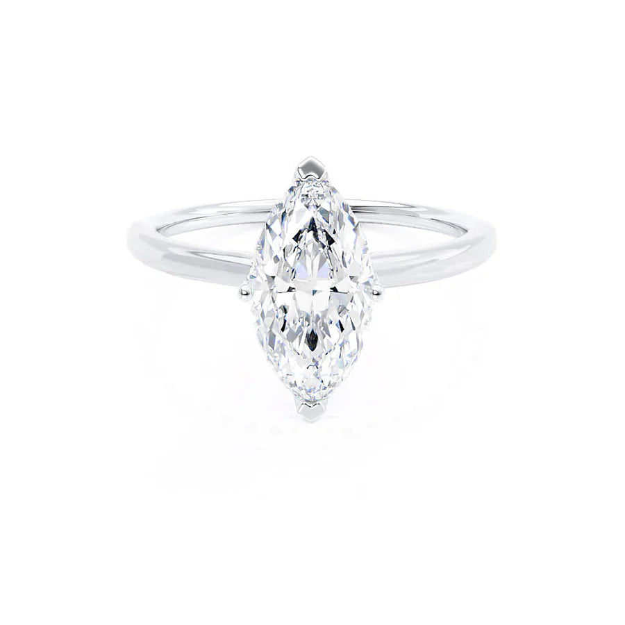 Three - stone diamond engagement ring in rose gold, symbolizing past, present, and futureLULU - Marquise Lab Diamond 18k White Gold Petite Solitaire