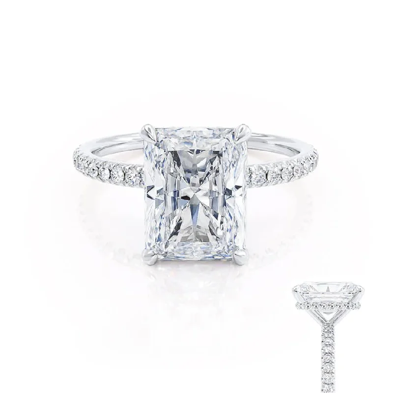 Three - stone diamond engagement ring in rose gold, symbolizing past, present, and futureLIVELY - Radiant Lab Diamond Platinum Micro Pavé Hidden Halo