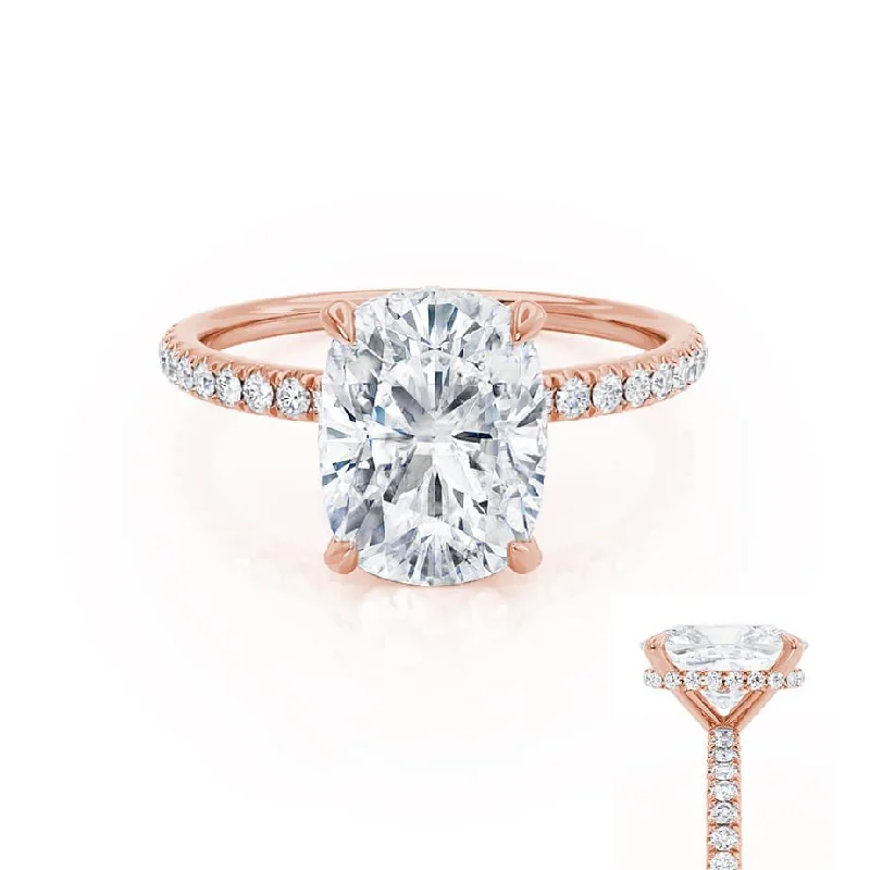 Heart - shaped diamond engagement ring with a hidden halo in 14K rose goldLIVELY - Elongated Cushion Lab Diamond 18k Rose Gold Petite Hidden Halo Pavé Shoulder Set