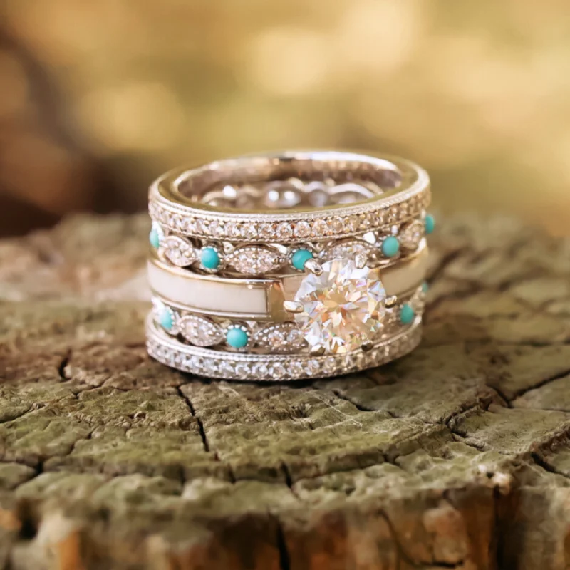 Tennis - Style Women's Rings with a Row of Round Diamonds in PlatinumThe Cape Elizabeth Wedding Set