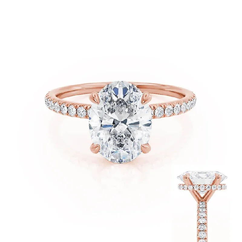 Vintage - style engagement ring with filigree details and sapphire accents in 14K yellow goldLIVELY - Oval Moissanite & Diamond 18k Rose Gold Petite Hidden Halo Pavé Shoulder Set Ring