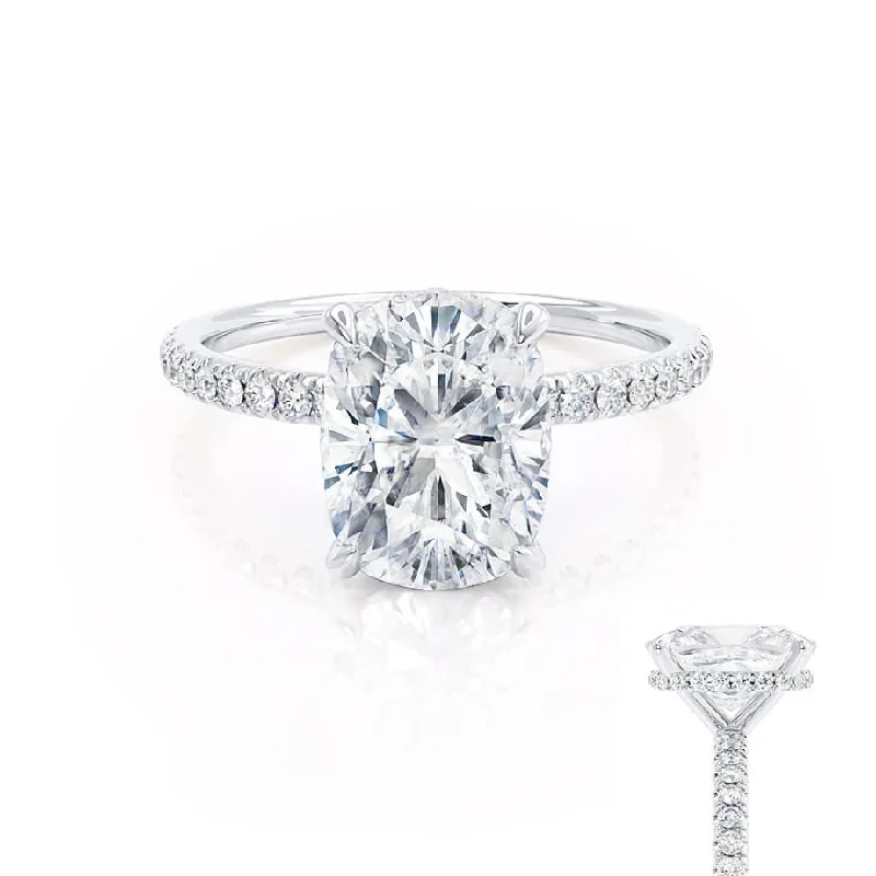 Halo diamond engagement ring in 18K white gold with a center oval - cut stoneLIVELY - Elongated Cushion Lab Diamond Platinum Petite Hidden Halo Pavé Shoulder Set