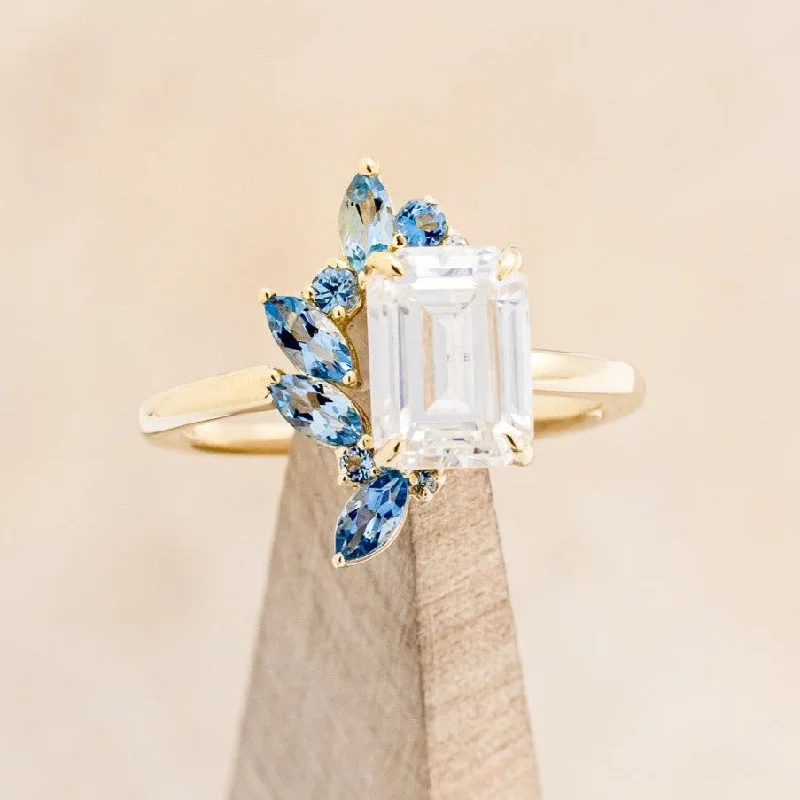 Men's Turquoise Engagement Rings in 925 Silver with a Southwestern - Inspired Band"ISABELLA" - EMERALD CUT MOISSANITE ENGAGEMENT RING WITH AQUAMARINE ACCENTS