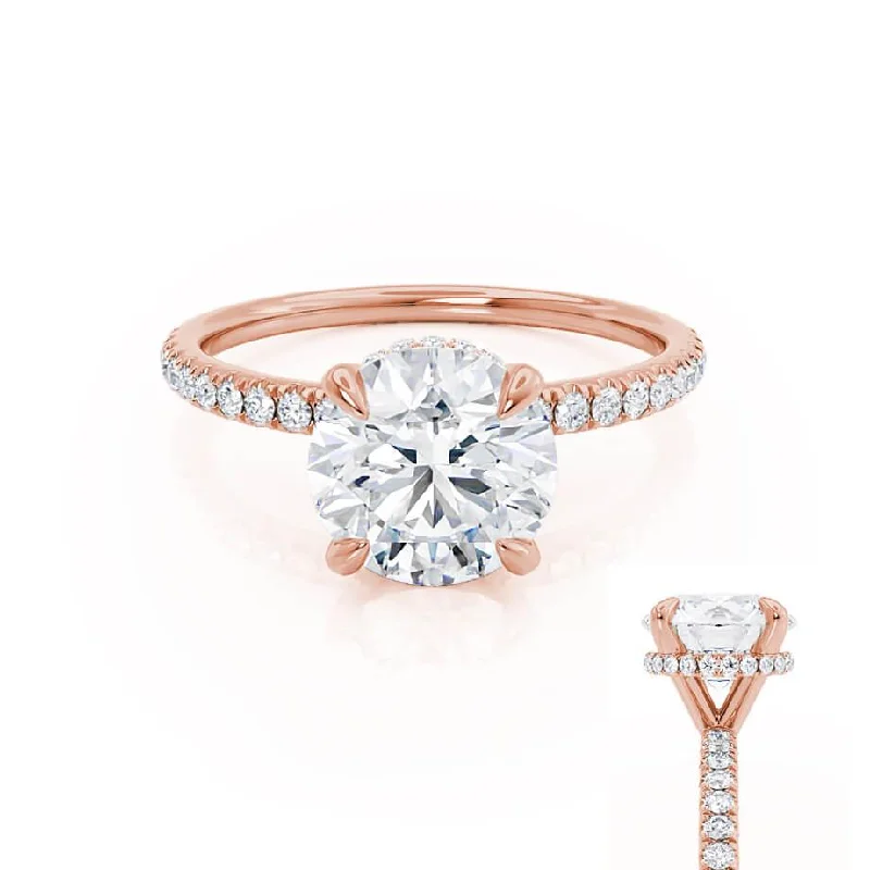 Radiant - cut diamond engagement ring with a bezel - set center stone in 18K yellow goldLIVELY - Round Moissanite & Diamond 18k Rose Gold Hidden Halo Micro Pavé Shoulder Set Ring