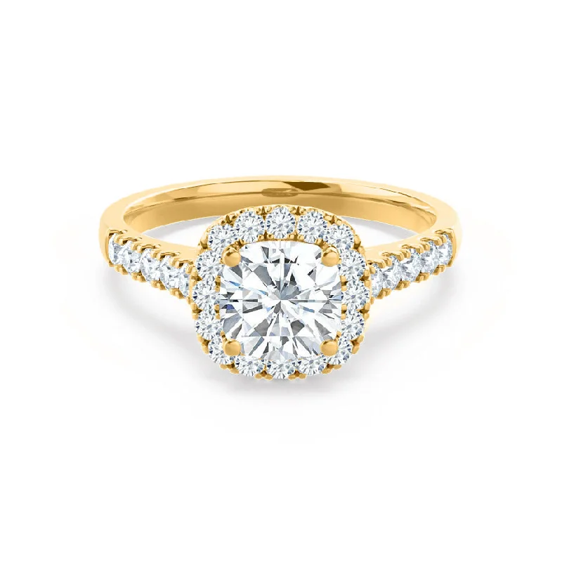 Heart - shaped diamond engagement ring with a hidden halo in 14K rose goldOPHELIA - Cushion Moissanite & Diamond 18k Yellow Gold Halo Ring