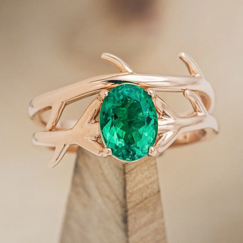 Men's Emerald Engagement Rings with 14K Yellow Gold and Vintage - Style Filigree"ARTEMIS" - OVAL LAB-GROWN EMERALD ENGAGEMENT RING WITH AN ANTLER-STYLE STACKING BAND