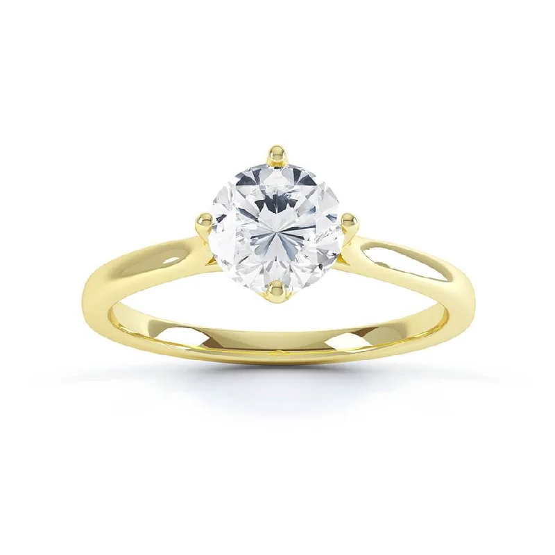 Vintage - style engagement ring with filigree details and sapphire accents in 14K yellow goldJUNIPER - Round Moissanite 18k Yellow Gold Solitaire Ring