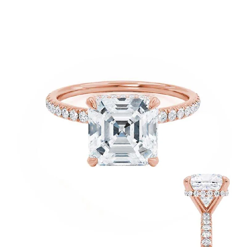 Cushion - cut diamond engagement ring with a halo of moissanite in a silver - plated bandLIVELY - Asscher Moissanite & Diamond 18k Rose Gold Hidden Halo Micro Pavé Shoulder Set