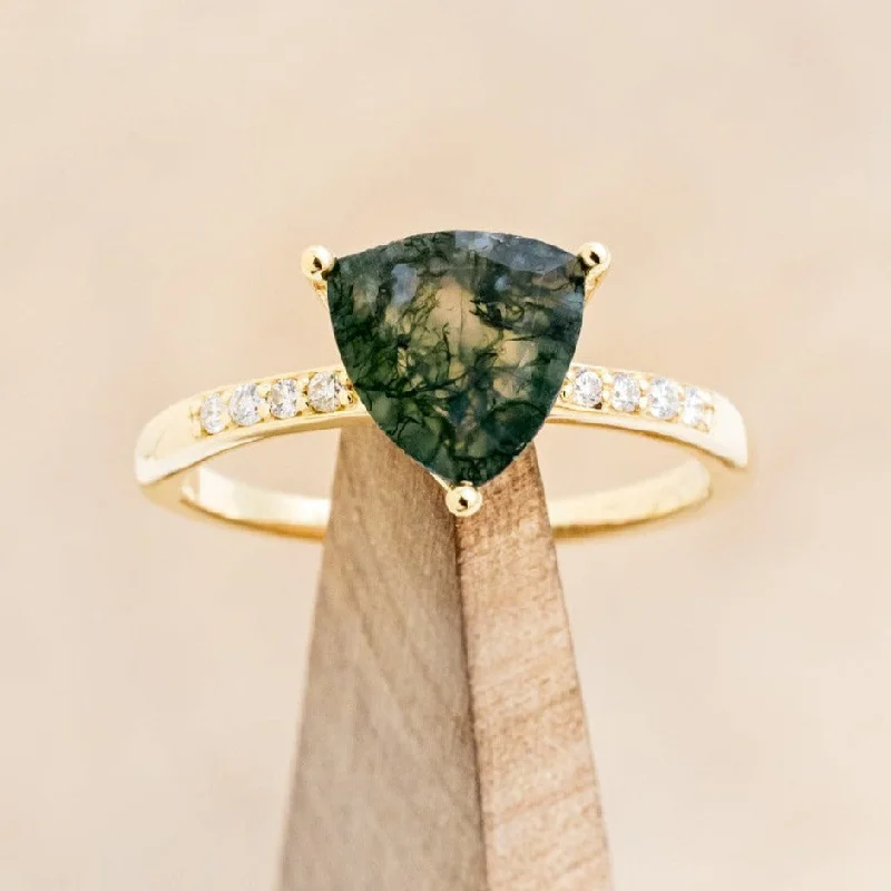 Men's Aquamarine Engagement Rings in 9K Gold with a Bezel - Set Stone"PIPER" - TRILLION CUT MOSS AGATE ENGAGEMENT RING WITH DIAMOND ACCENTS