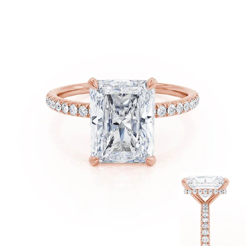 Aquamarine and diamond engagement ring in a 18K white - gold setting with a scalloped edgeLIVELY - Radiant Lab Diamond 18k Rose Gold Micro Pavé Hidden Halo