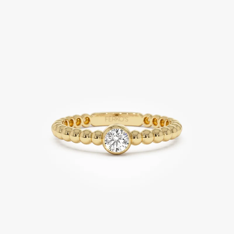 Art Deco - Inspired Women's Diamond Rings with Geometric Designs and Baguette - Cut Diamonds14K Gold Beaded Solitaire Diamond Bezel Ring