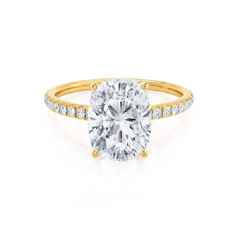 Princess - cut diamond engagement ring with a pavé - set band in platinumMACY -  Elongated Cushion Moissanite & Diamond 18k Yellow Gold Petite Pavé Shoulder Set Ring