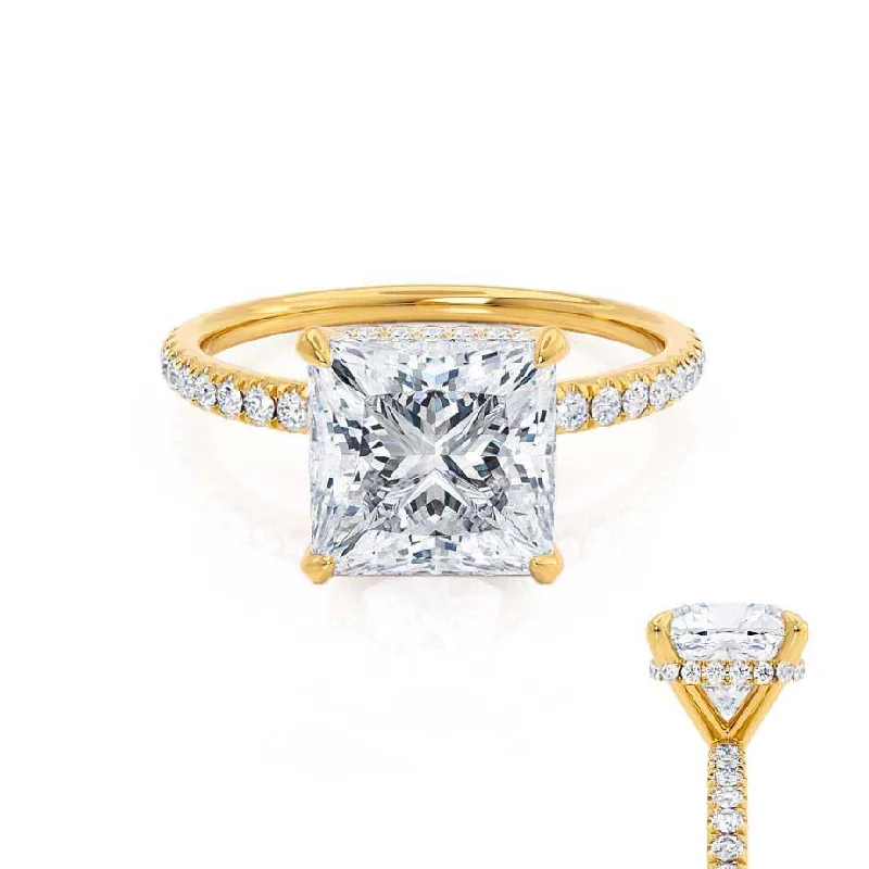 Pear - shaped diamond engagement ring with side baguette diamonds in 18K goldLIVELY - Princess Moissanite & Diamond 18k Yellow Gold Hidden Halo Micro Pavé Shoulder Set