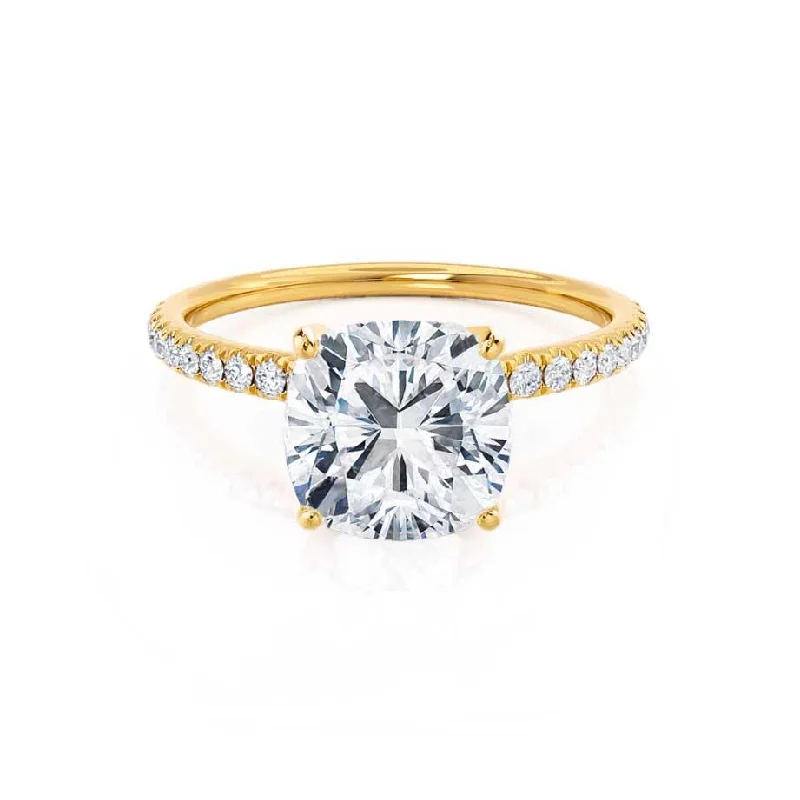 Pink diamond engagement ring in a rose - gold band with white - gold accentsMACY -  Cushion Moissanite & Diamond 18k yellow Gold Petite Pavé Shoulder Set Ring