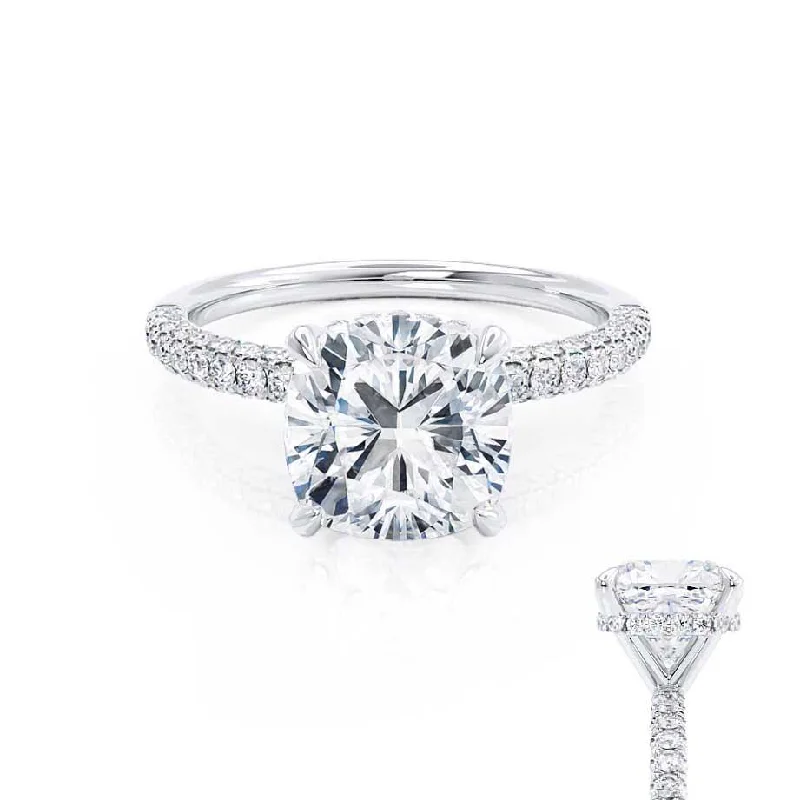 Asscher - cut diamond engagement ring with a pavé - set eternity band in platinumCOCO - Cushion Cut Lab Diamond Platinum Petite Hidden Halo Triple Pavé