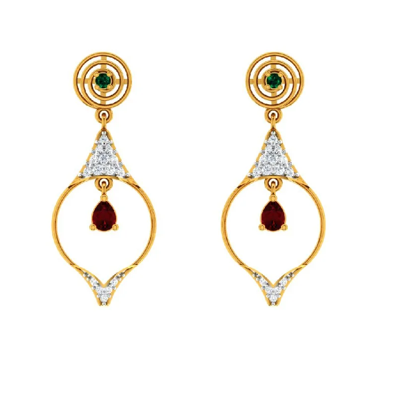 Vintage - Style Women's Diamond Rings with Floral - Engraved Bands and Multiple Diamond AccentsDiamond Studded Drop Dangler With Marvellous Red Stone In 18k Gold Earrings