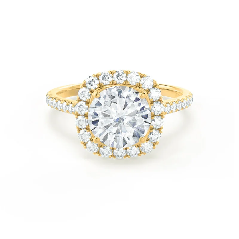 Vintage - style engagement ring with filigree details and sapphire accents in 14K yellow goldBLUSH - Round Moissanite & Diamond 18k Yellow Gold Petite Halo Ring