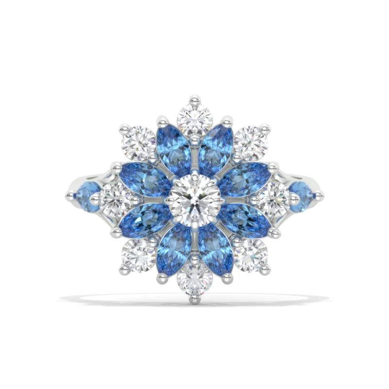 Men's Sapphire Engagement Rings in 18K White Gold with Pave Diamond AccentsFloral  Sapphire Moissanite Sunflower Cluster Ring