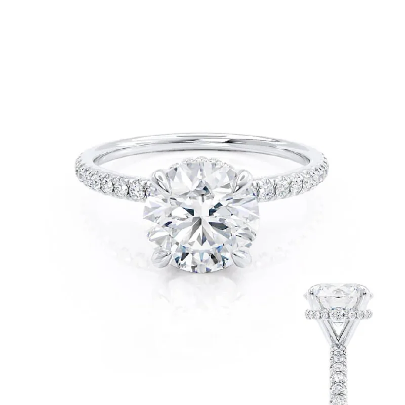 Halo diamond engagement ring in 18K white gold with a center oval - cut stoneLIVELY - Round Lab Diamond 950 Platinum Petite Hidden Halo Pavé Shoulder Set Ring