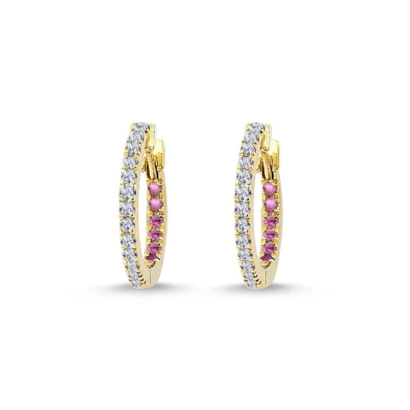 Lightweight hoop earringsClaire Huggies 14K Gold Hoops w. Diamonds & Pink Sapphires