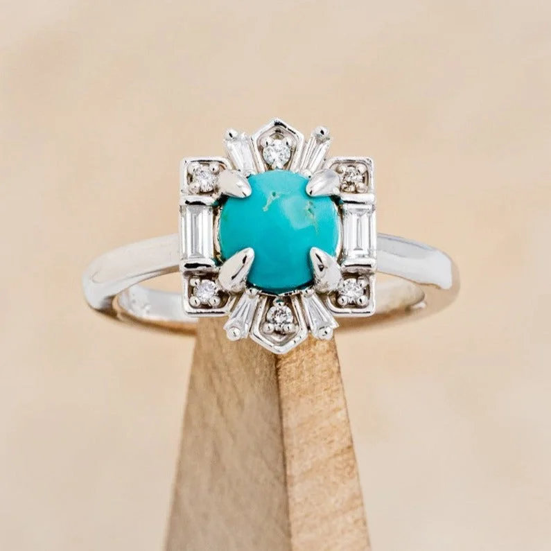 Men's Diamond Engagement Rings with Platinum Band and Halo Setting for a Luxury Proposal"CLEOPATRA" - ROUND CUT TURQUOISE ENGAGEMENT RING WITH DIAMOND ACCENTS