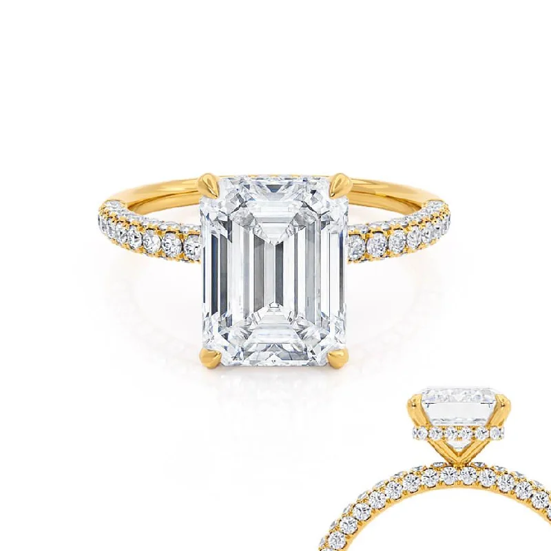 Asscher - cut diamond engagement ring with a pavé - set eternity band in platinumCOCO - Emerald Moissanite & Diamond 18k Yellow Gold Petite Hidden Halo Triple Pavé Ring