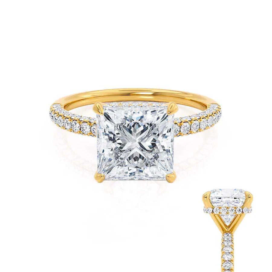 Marquise - cut diamond engagement ring with a split - shank band in platinumCOCO - Princess Lab Diamond 18k Yellow Gold Hidden Halo Triple Pavé Shoulder Set