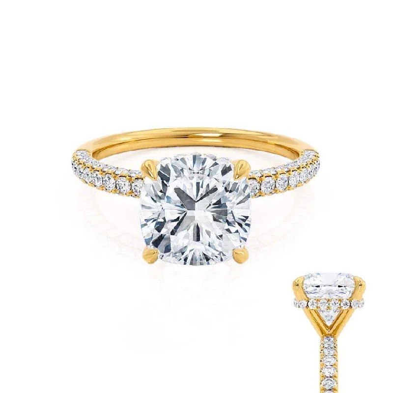 Solitaire diamond engagement ring with a platinum setting for a classic and elegant lookCOCO - Cushion Moissanite & Diamond 18k Yellow Gold Hidden Halo Triple Pavé Shoulder Set