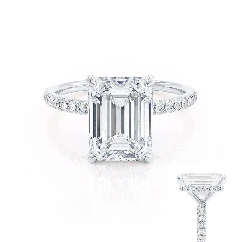 Marquise - cut diamond engagement ring with a split - shank band in platinumLIVELY - Emerald Lab Diamond & Diamond Platinum Hidden Halo Micro Pavé Shoulder Set