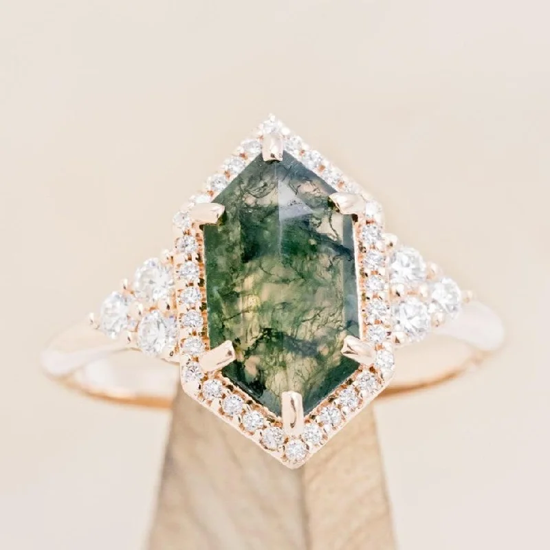 Men's Topaz Engagement Rings in 10K Gold with a Channel - Set Diamond Band"OCTAVIA" - ELONGATED HEXAGON CUT MOSS AGATE ENGAGEMENT RING WITH DIAMOND HALO & ACCENTS