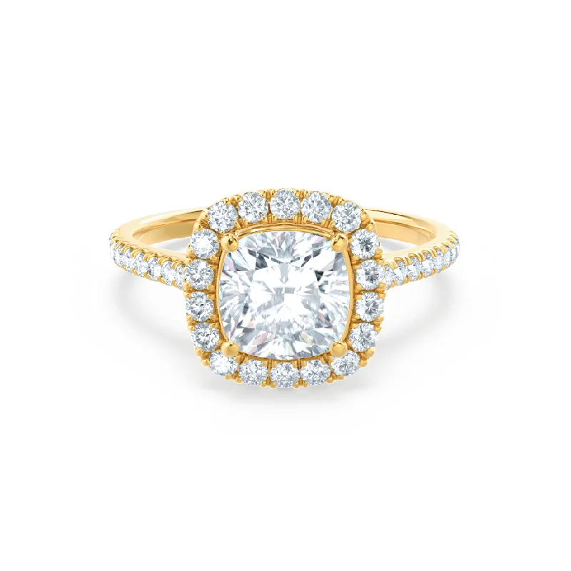 Marquise - cut diamond engagement ring with a split - shank band in platinumVIOLETTE - Cushion Moissanite & Diamond 18k Yellow Gold Petite Halo Ring