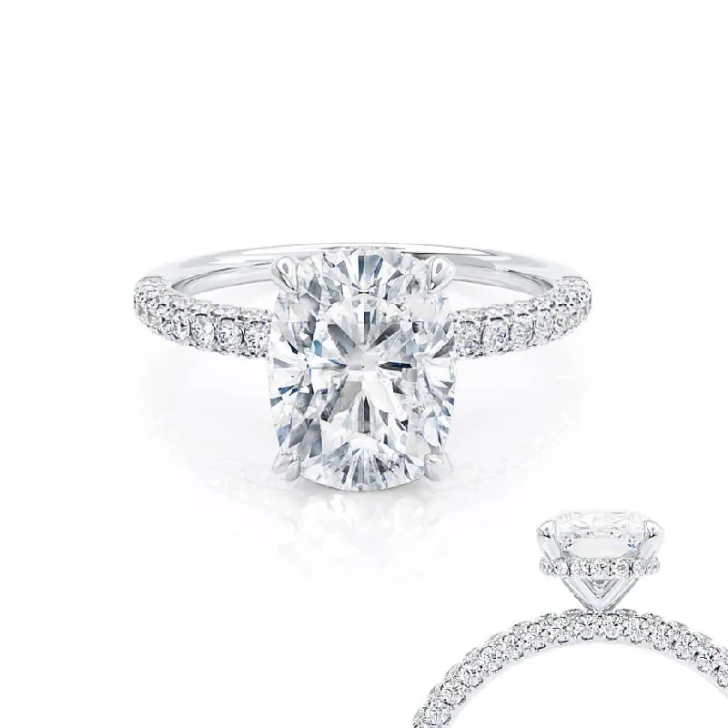 Princess - cut diamond engagement ring with a pavé - set band in platinumCOCO - Elongated Cushion Cut Lab Diamond Platinum Petite Hidden Halo Triple Pavé