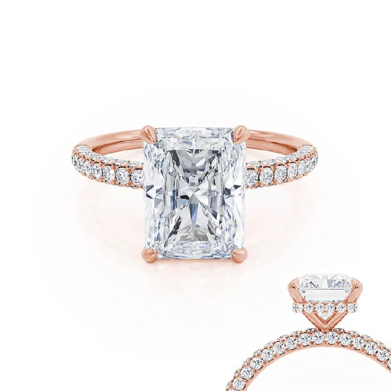 Pink diamond engagement ring in a rose - gold band with white - gold accentsCOCO - Radiant Lab Diamond 18k Rose Gold Petite Triple Pavé Hidden Halo