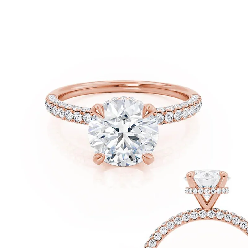 Opal and diamond engagement ring in a contemporary silver band with black - rhodium accentsCOCO- Round Moissanite & Diamond 18k Rose Gold Petite Hidden Halo Triple Pavé Shoulder Set Ring