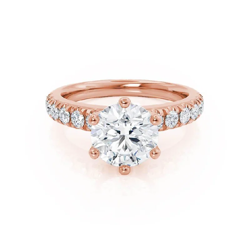 Three - stone diamond engagement ring in rose gold, symbolizing past, present, and futureBELLE - Round Lab Diamond 18k Rose Gold Shoulder Set Ring