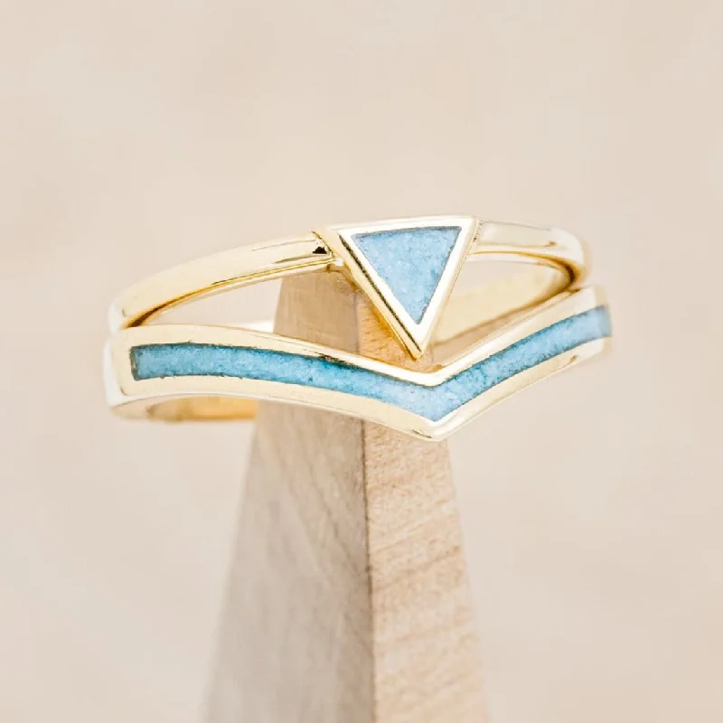 Men's Ruby Engagement Rings in Rose Gold with a Solitaire Design for a Romantic Gesture"ATLANTIS" - TRIANGLE TURQUOISE ENGAGEMENT RING WITH V-SHAPED TURQUOISE TRACER