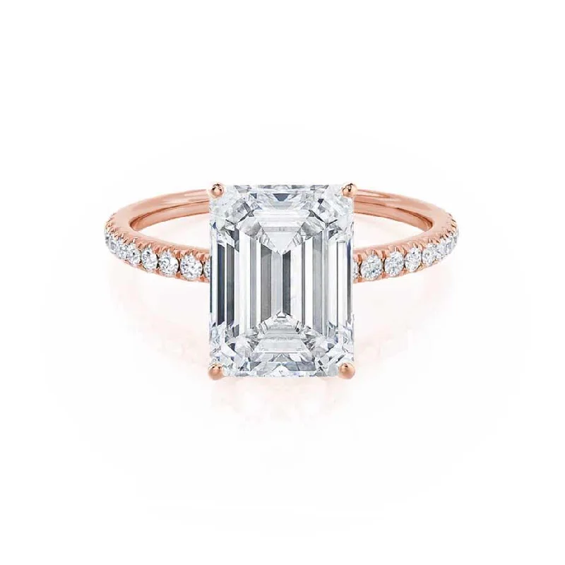 Aquamarine and diamond engagement ring in a 18K white - gold setting with a scalloped edgeMACY - Emerald Moissanite & Diamond 18k Rose Gold Petite Pavé Ring