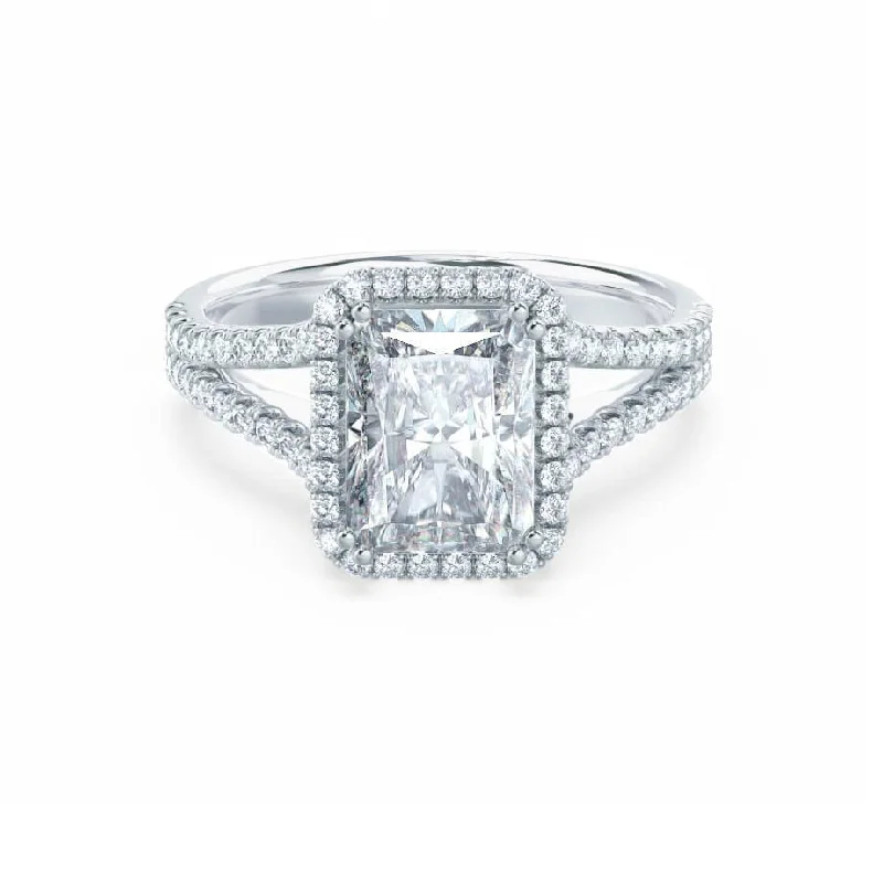 Princess - cut diamond engagement ring with a pavé - set band in platinumEVERLY - Radiant Lab Diamond Platinum Split Shank Halo