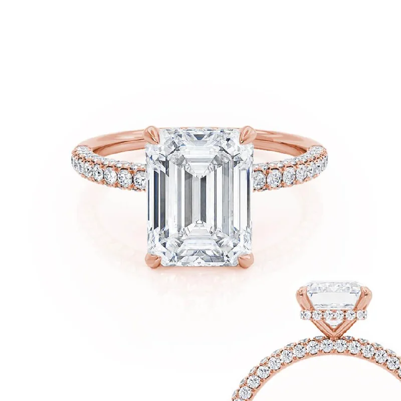 Pink diamond engagement ring in a rose - gold band with white - gold accentsCOCO - Emerald Moissanite & Diamond 18k Rose Gold Petite Hidden Halo Triple Pavé Ring